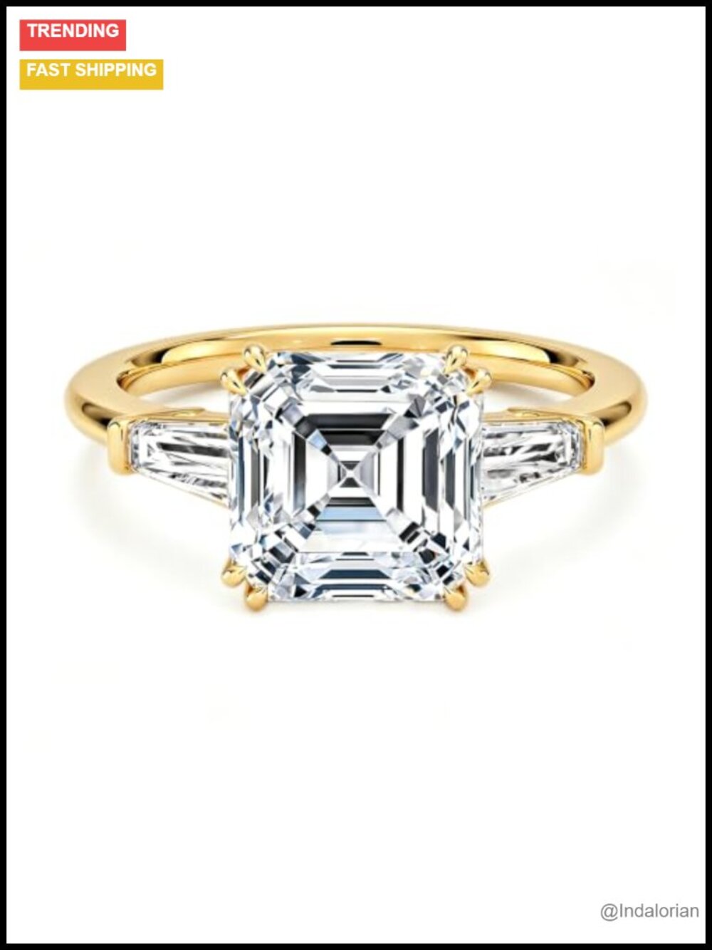 3 Stone Asscher Cut Moissanite Engagement Ring in 18K Gold Plated 925 Sterling